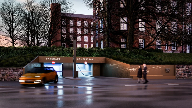 Architekturvisualisierung Tiefgarage – Außenansicht, fotorealistisches 3D Rendering